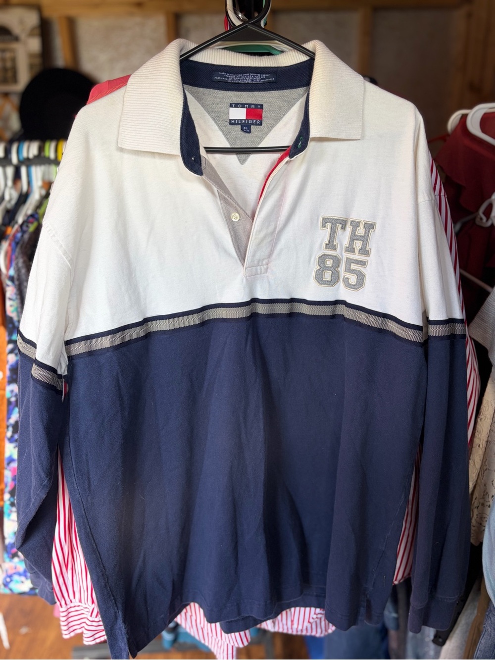 Vtg Tommy Hilfiger Navy & White TH85 Rugby Polo XL